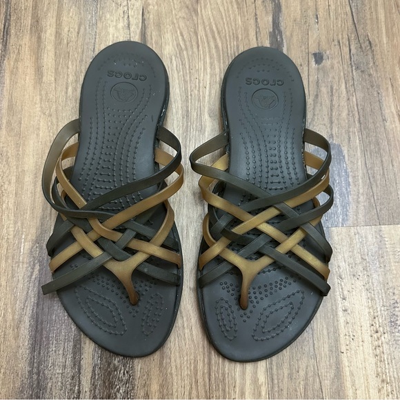 Crocs Huarache Jelly Flat Open Toe Strappy Criss Cross Slip On Brown Sandals - Picture 1 of 6